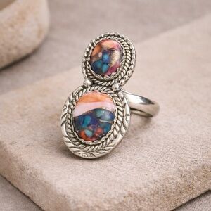 Double Dahlia Turquoise Statement Ring Sterling Silver — Rope Bezel NEW 8 #527
